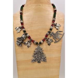 Marcie Vintage Christmas Charm Statement Necklace Beaded Holiday Signed BinBJ